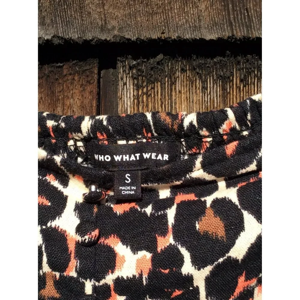 Who What Wear Womens Dress Small Baby Doll Leopard Print Linen Rayon Puff Sleeve
